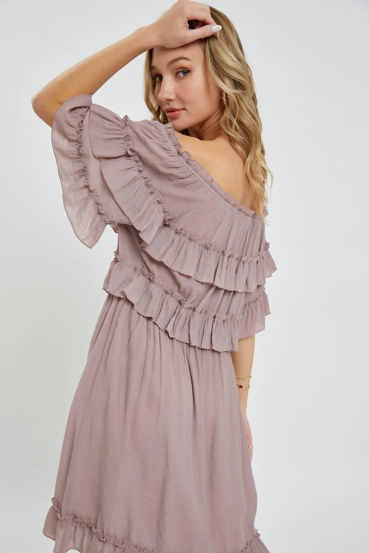 Dark Mauve Off Shoulder Ruffle Knee Length Dress