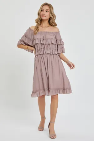 Dark Mauve Off Shoulder Ruffle Knee Length Dress