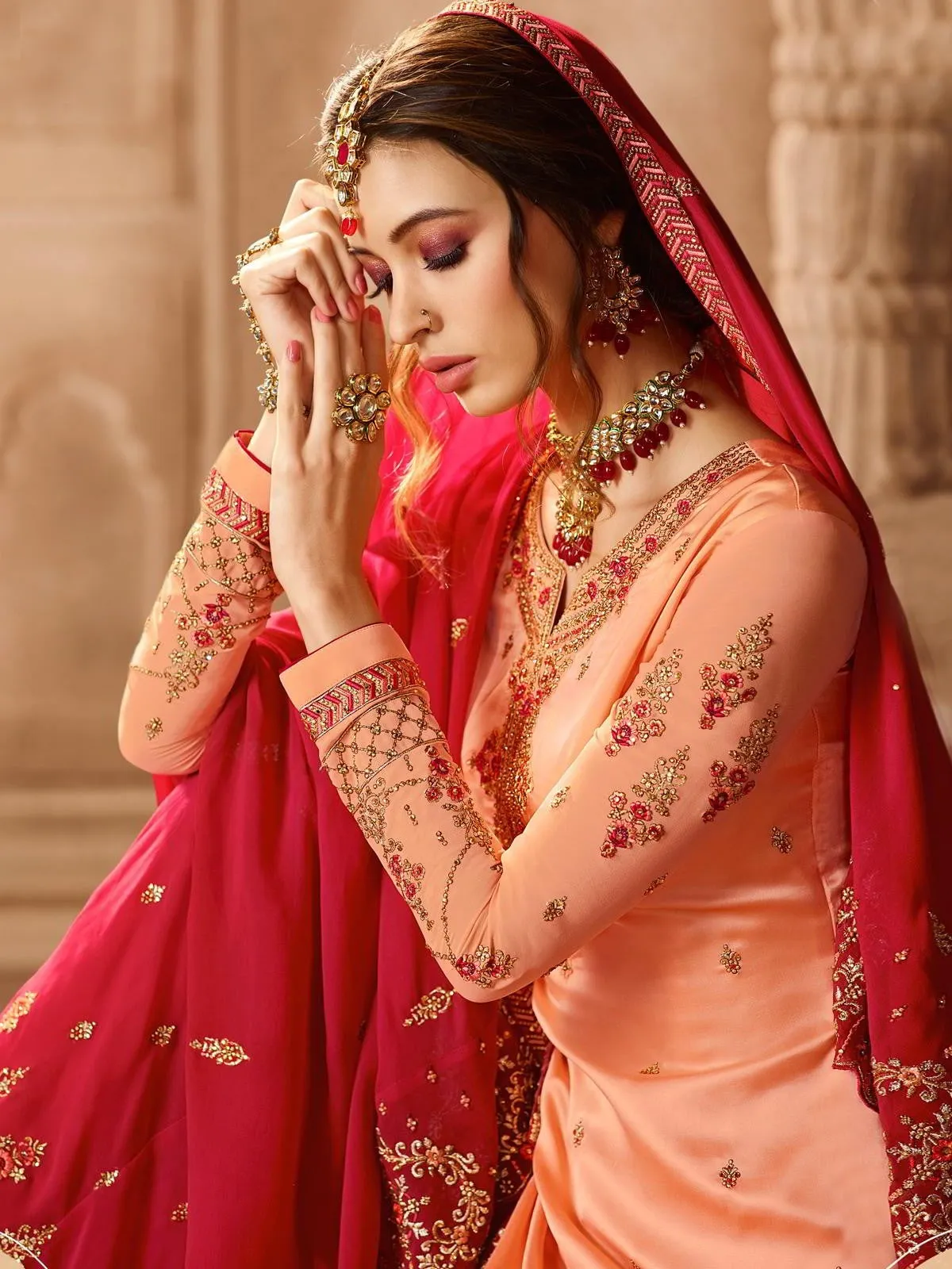 Deep Pink And Peach Embroidered Pakistani Gharara Suit