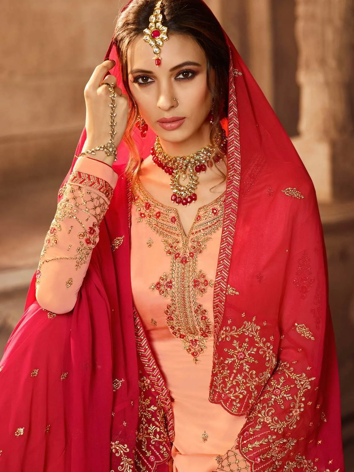 Deep Pink And Peach Embroidered Pakistani Gharara Suit