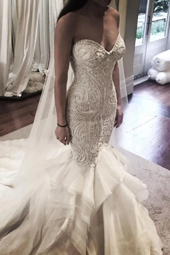 Delicate Mermaid Lace Rufflesd Wedding Dress Spaghetti Strap Bridal Gown