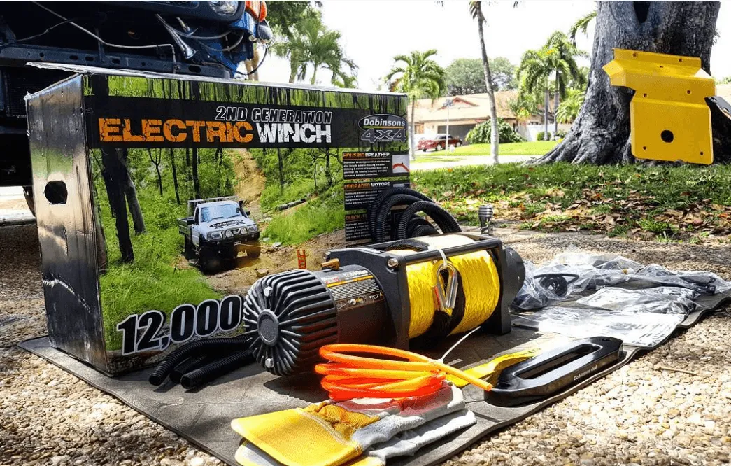 Dobinsons 12V Electric Winch - 12,000 LBS Capacity with Synthetic Rope, Hawse Fairlead and Remote Control(EW80-3815S)