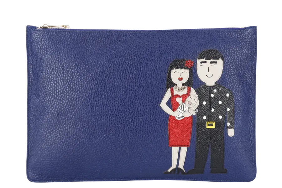 DOLCE & GABBANA DAUPHINE DOCUMENT HOLDER BLUE LEATHER GOLD HARDWARE