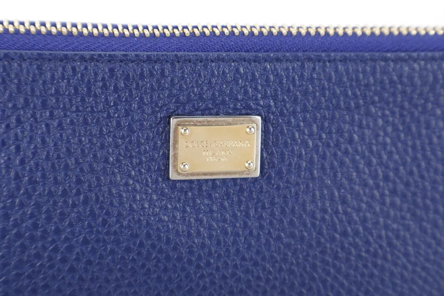 DOLCE & GABBANA DAUPHINE DOCUMENT HOLDER BLUE LEATHER GOLD HARDWARE