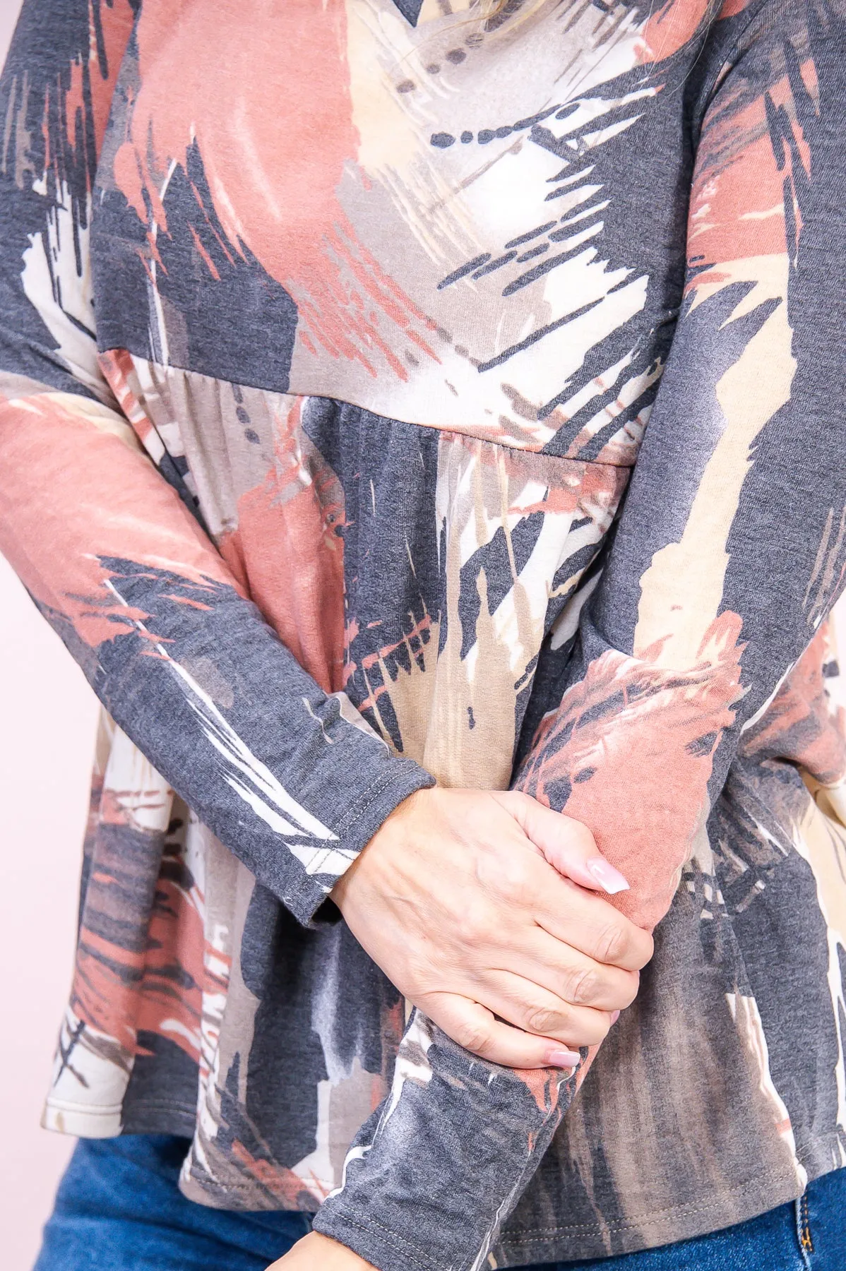 Drawing Your Attention Charcoal Gray/Multi Color Printed Babydoll Top - T8154CG