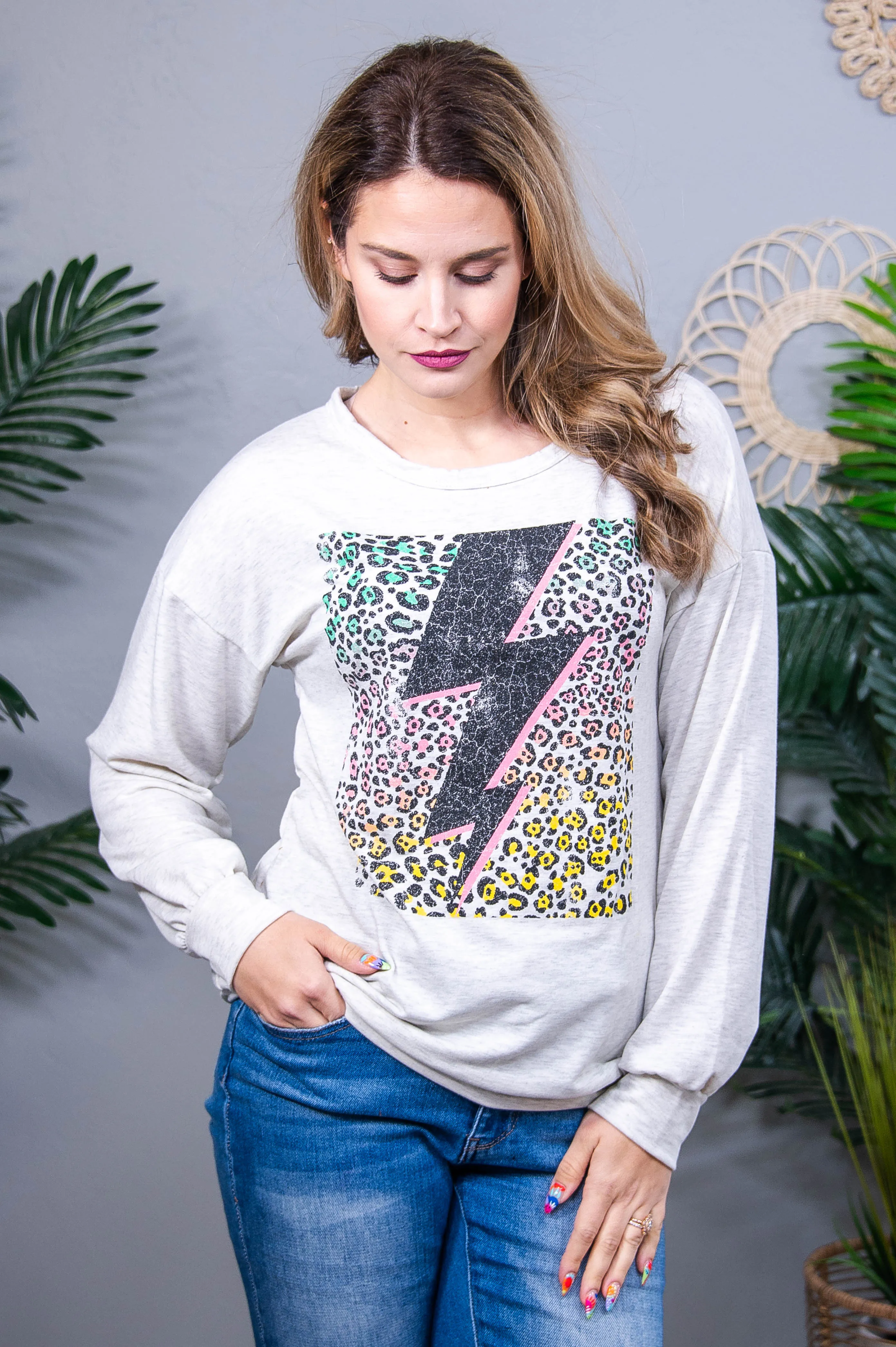 Early Morning Stroll Light Heather Gray/Multi Color Lightning Bolt Top - T10821LHG