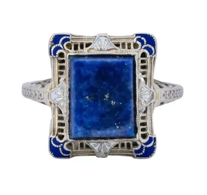 Edwardian Lapis Lazuli Enamel 14 Karat White Gold Dinner Ring