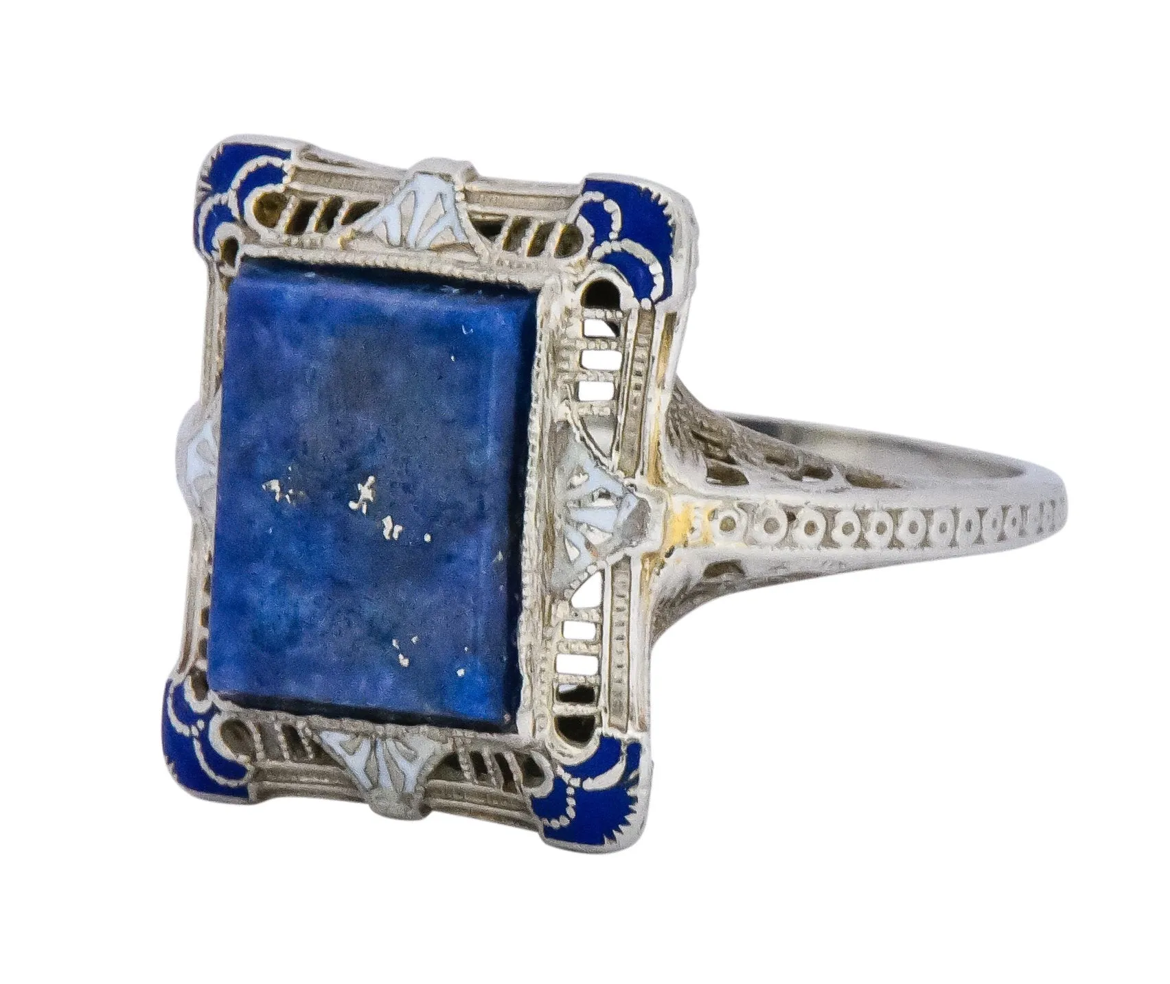 Edwardian Lapis Lazuli Enamel 14 Karat White Gold Dinner Ring