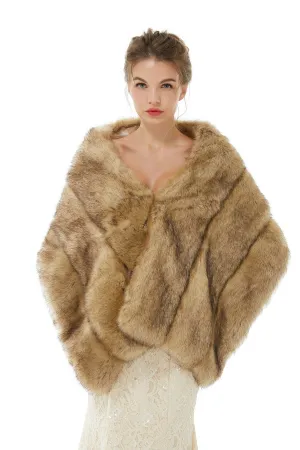 Elegant Brown Faux Fur Wedding Shawl For Bride