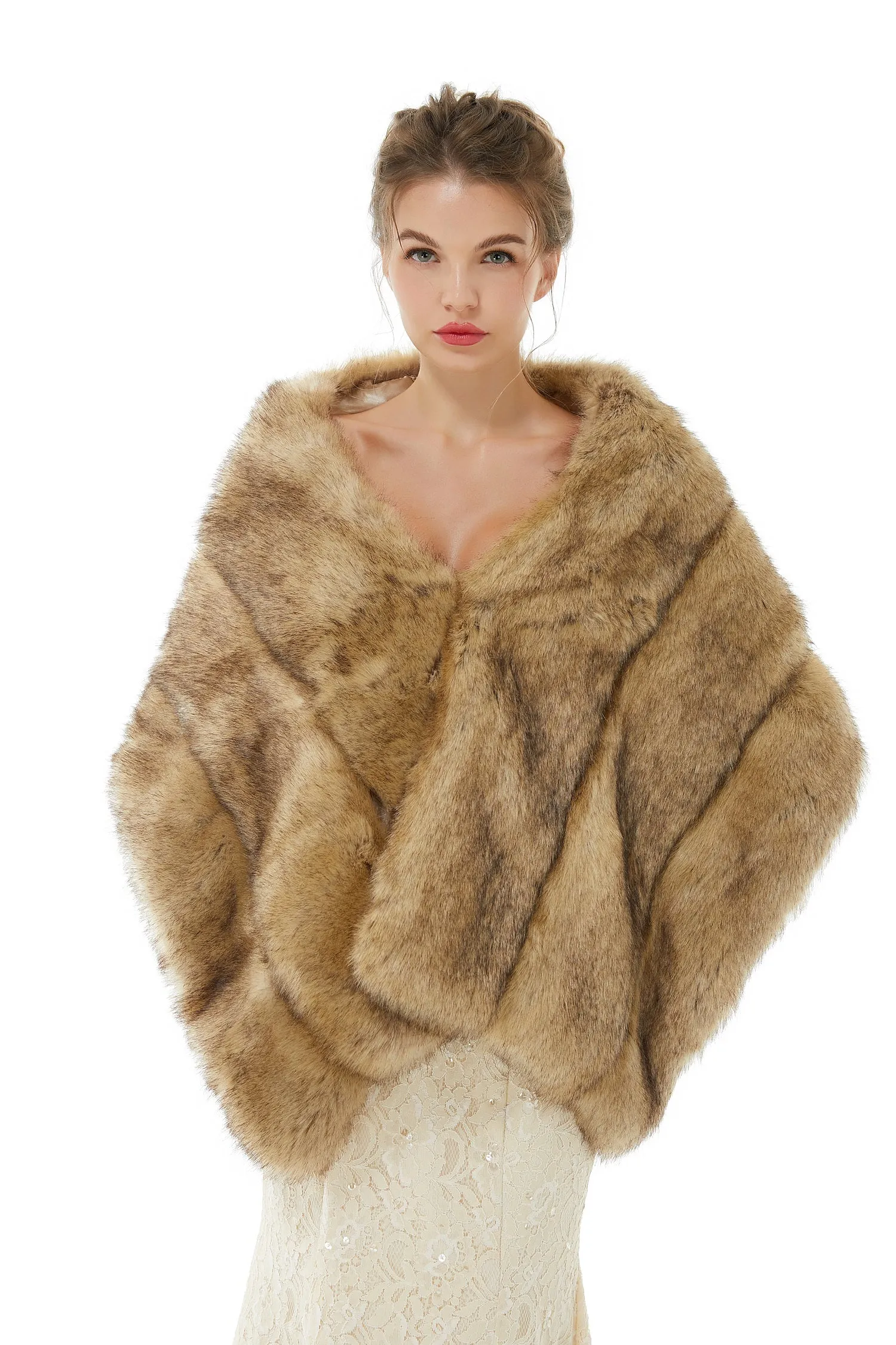 Elegant Brown Faux Fur Wedding Shawl For Bride