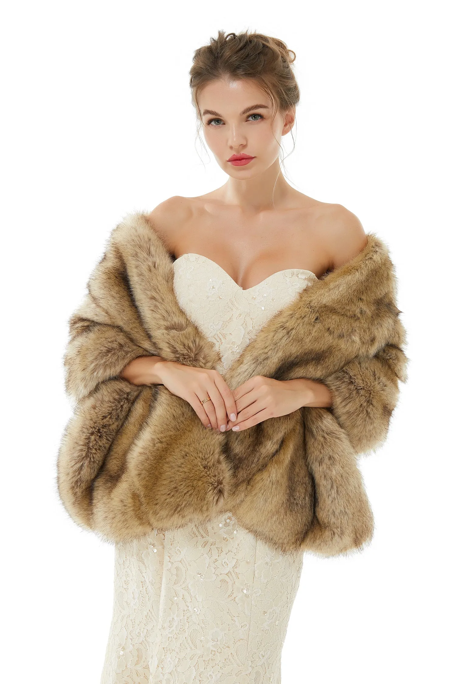 Elegant Brown Faux Fur Wedding Shawl For Bride