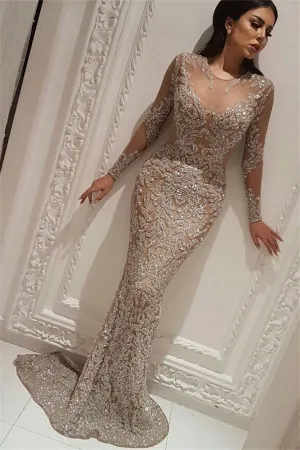 Elegant Long Sleeves Charming Prom Dresses Wholesale Fit and Flare Beads Evening Gowns with Nude Lining
