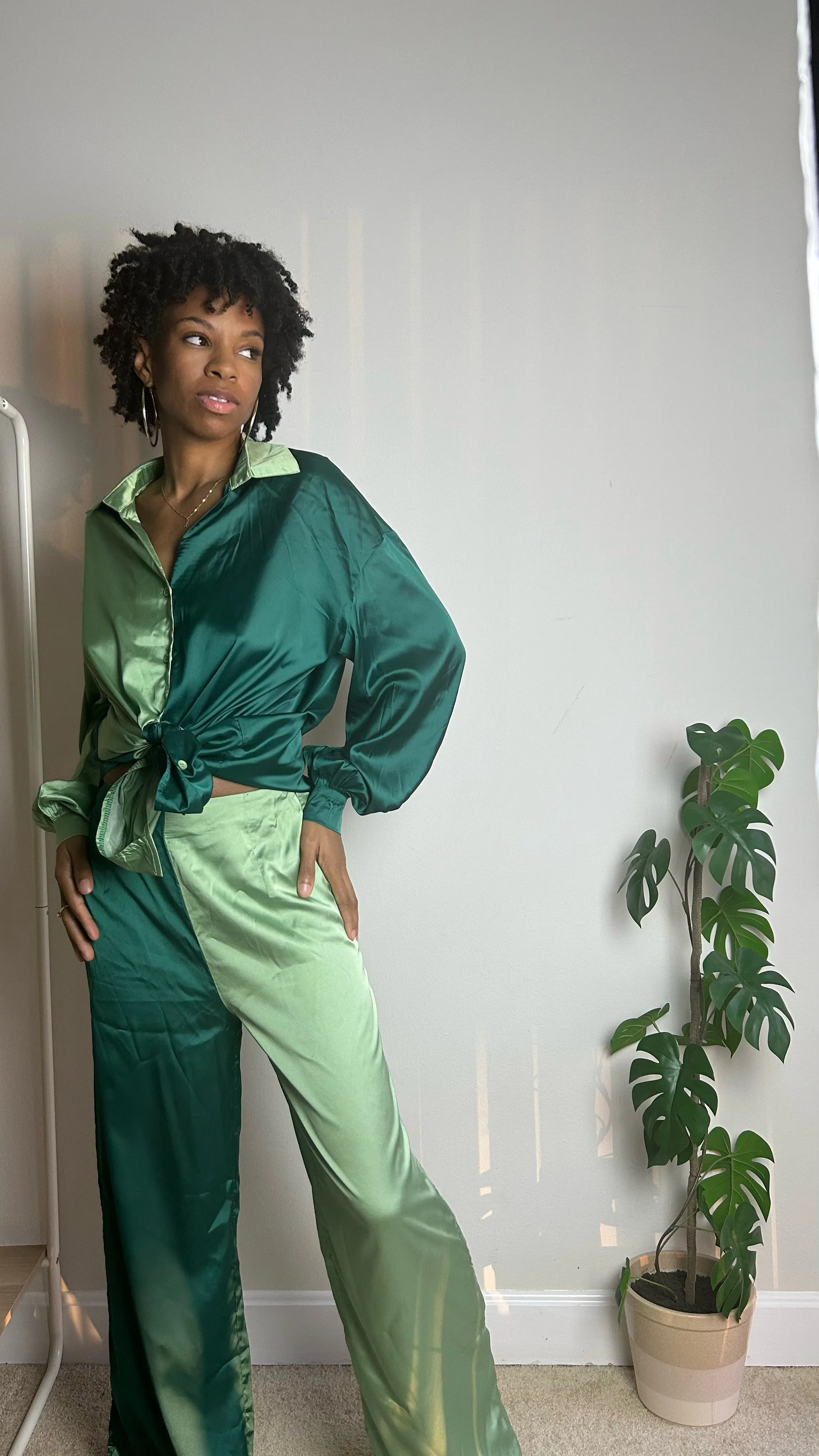Emerald Green Color Block Satin Pant Set