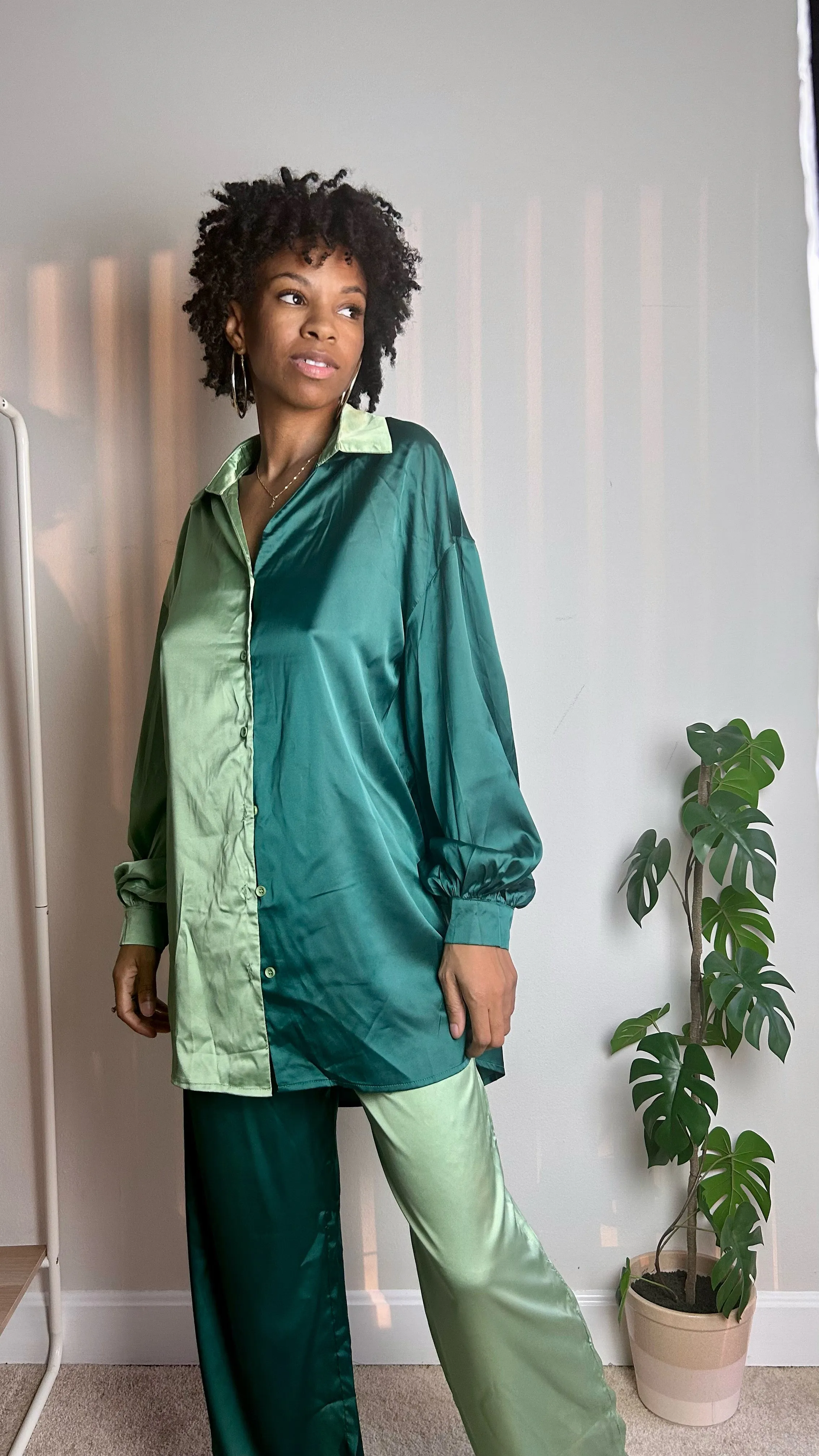 Emerald Green Color Block Satin Pant Set