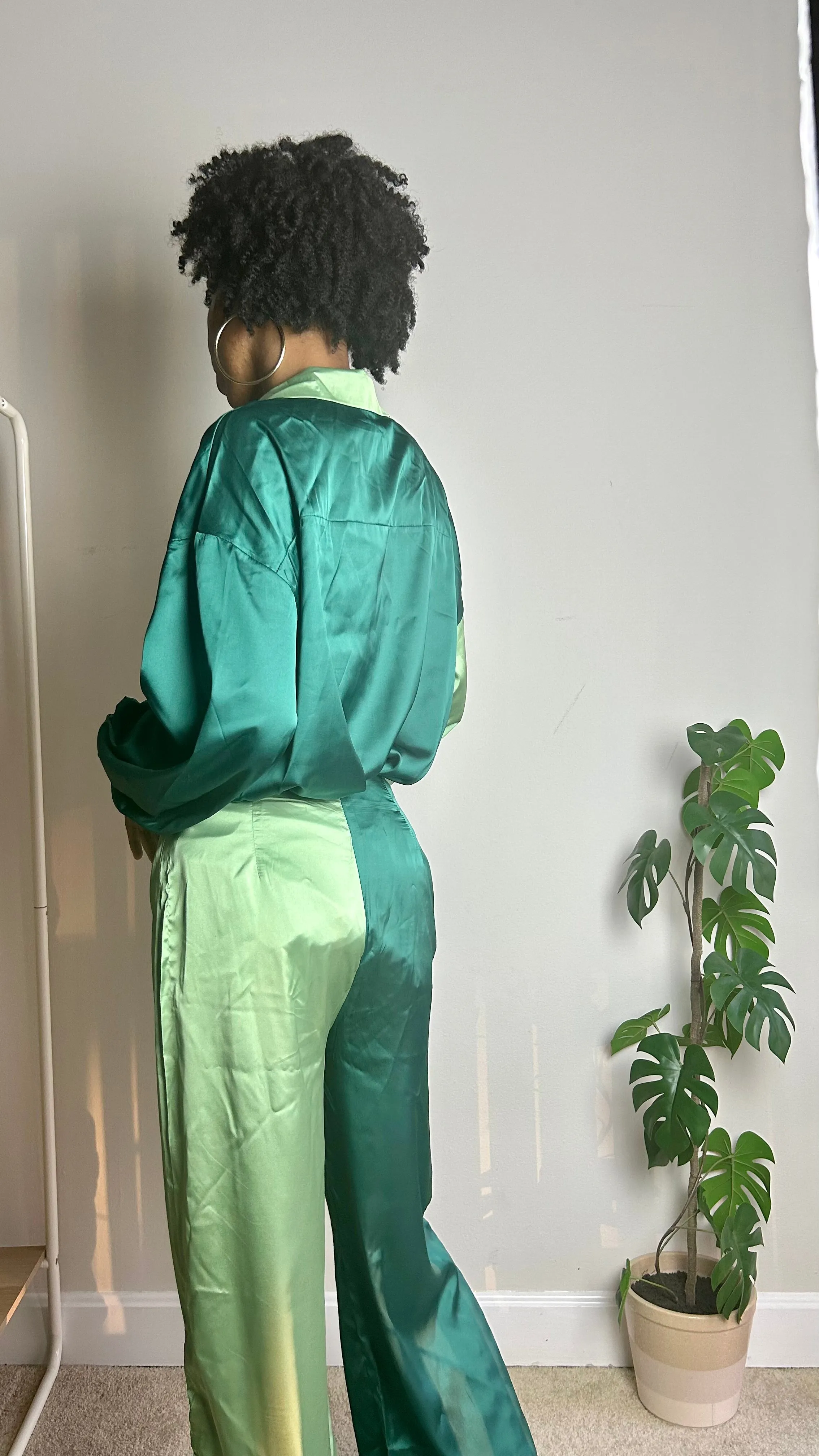 Emerald Green Color Block Satin Pant Set