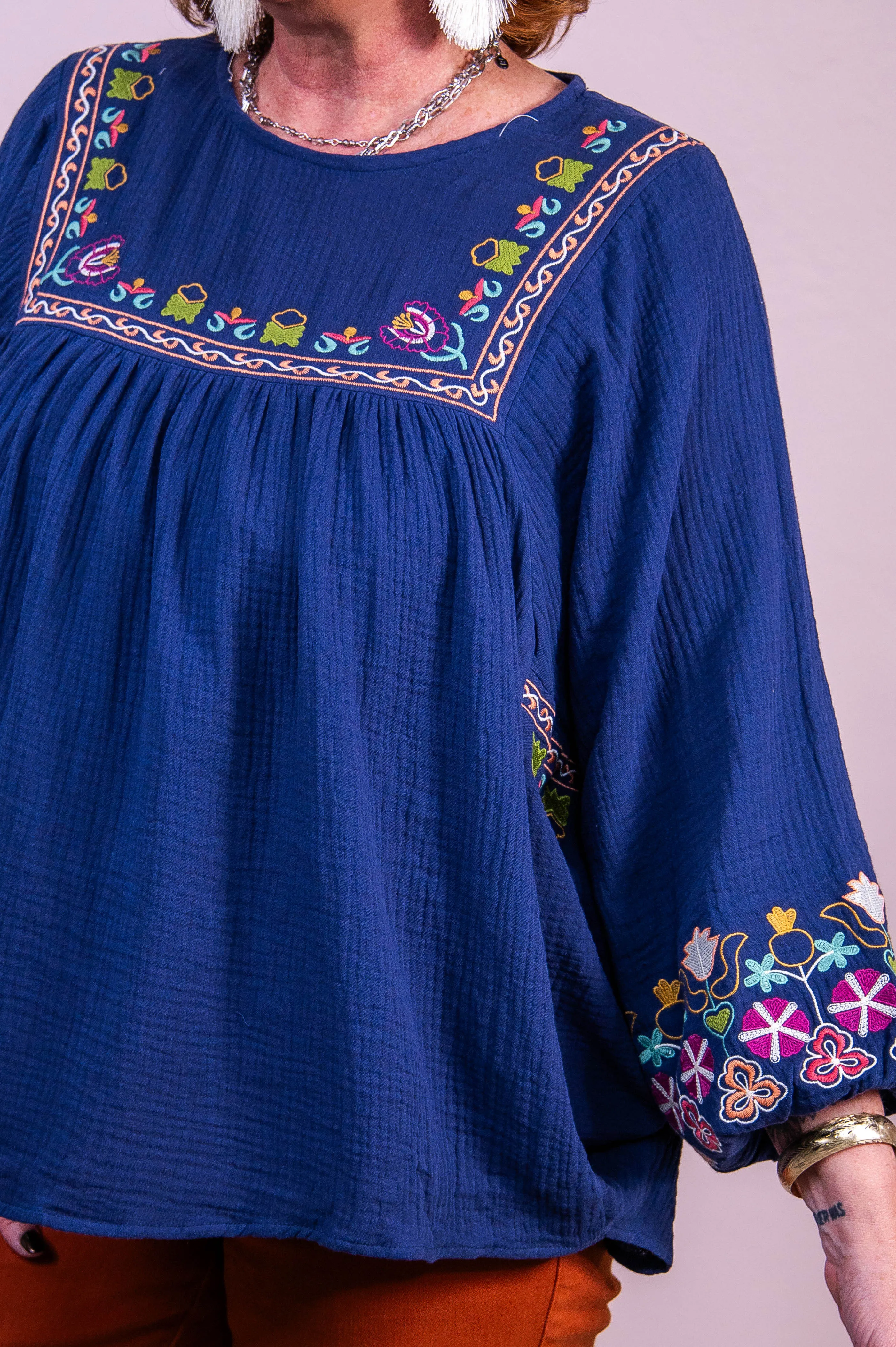 Fan Of Floral Navy/Multi Color Floral Embroidered Top - T10387NV