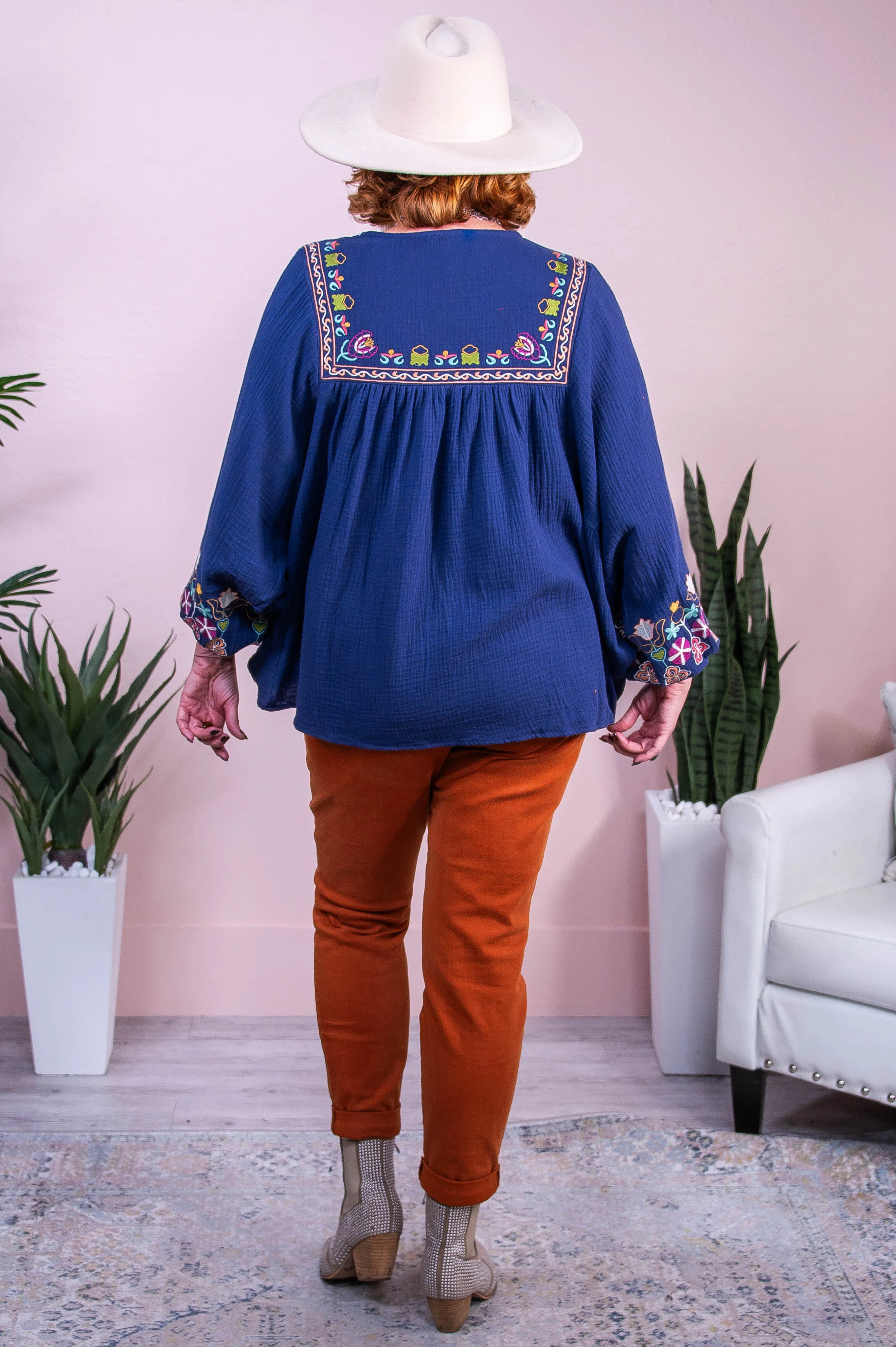Fan Of Floral Navy/Multi Color Floral Embroidered Top - T10387NV