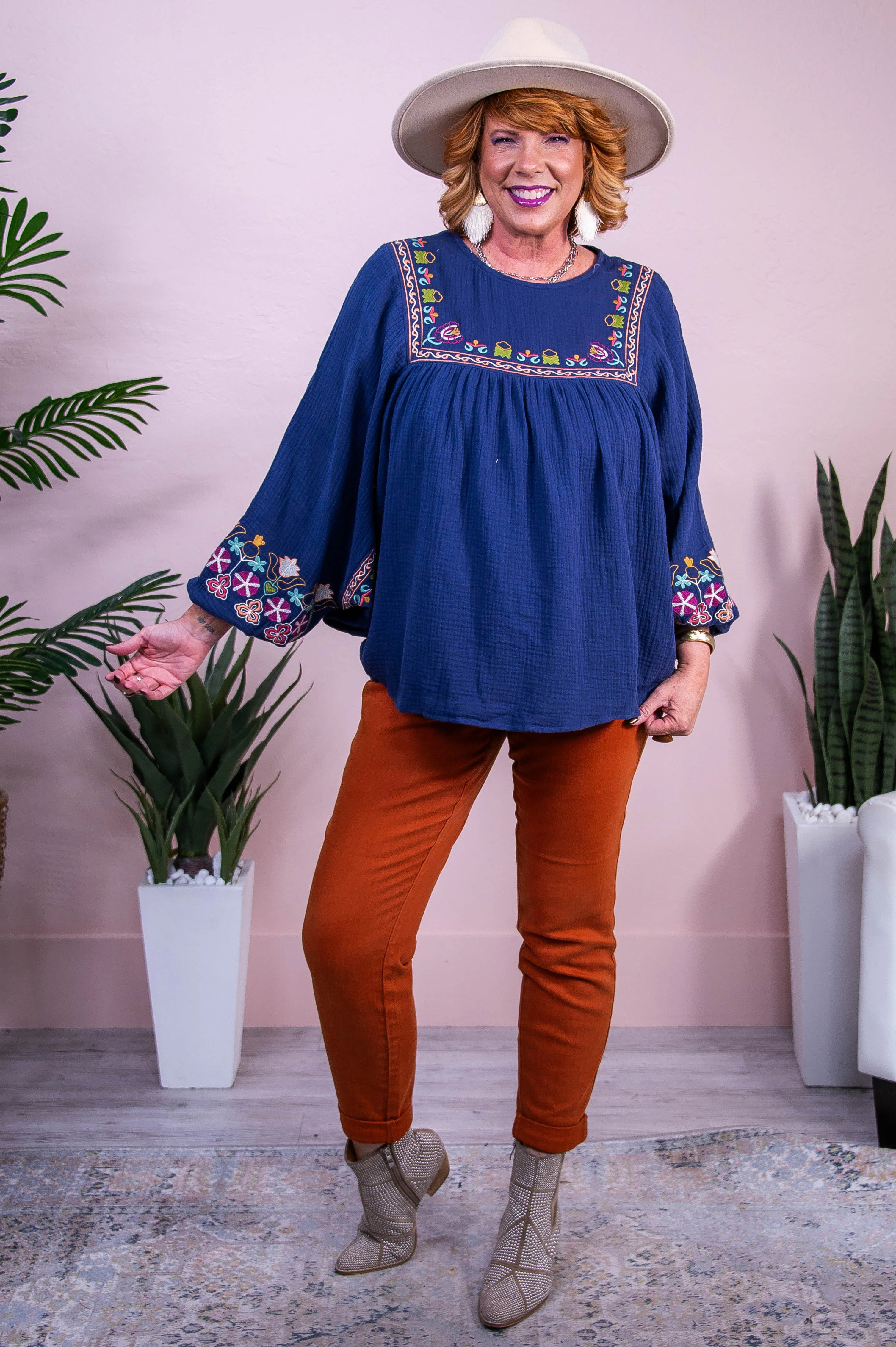 Fan Of Floral Navy/Multi Color Floral Embroidered Top - T10387NV