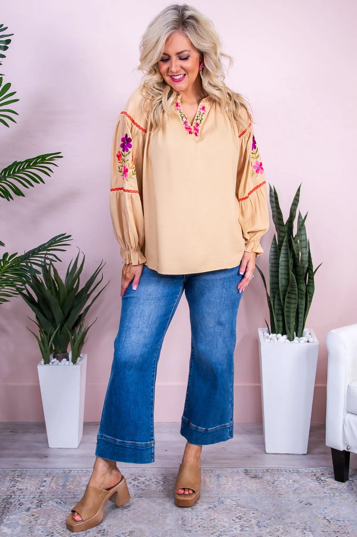 Feeling Social Camel/Multi Color Floral Embroidered Top - T10081CA