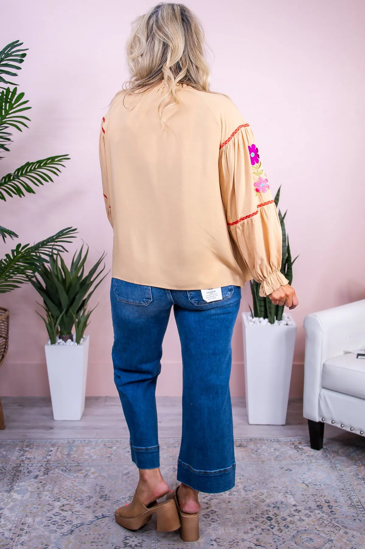 Feeling Social Camel/Multi Color Floral Embroidered Top - T10081CA