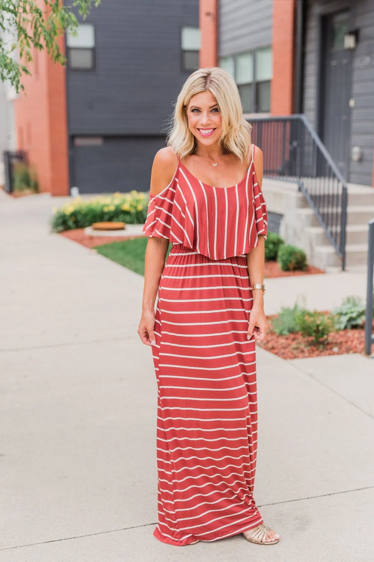 Feels Like Electricity Striped Maxi Dress- Rust