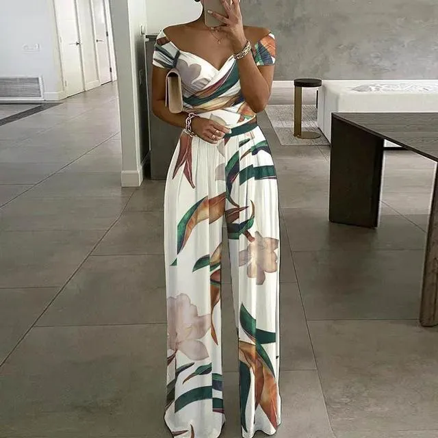 Floral Belle™ | Women's Off-Shoulder Floral Jumpsuit | Wrap Bust, Wide-Leg Design & Elegant Fit