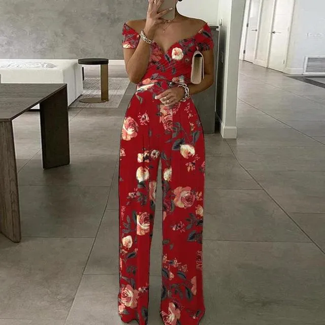 Floral Belle™ | Women's Off-Shoulder Floral Jumpsuit | Wrap Bust, Wide-Leg Design & Elegant Fit