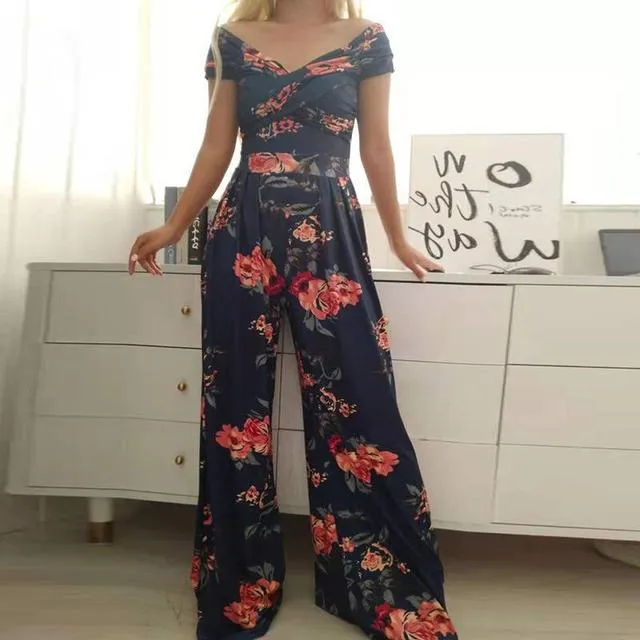 Floral Belle™ | Women's Off-Shoulder Floral Jumpsuit | Wrap Bust, Wide-Leg Design & Elegant Fit