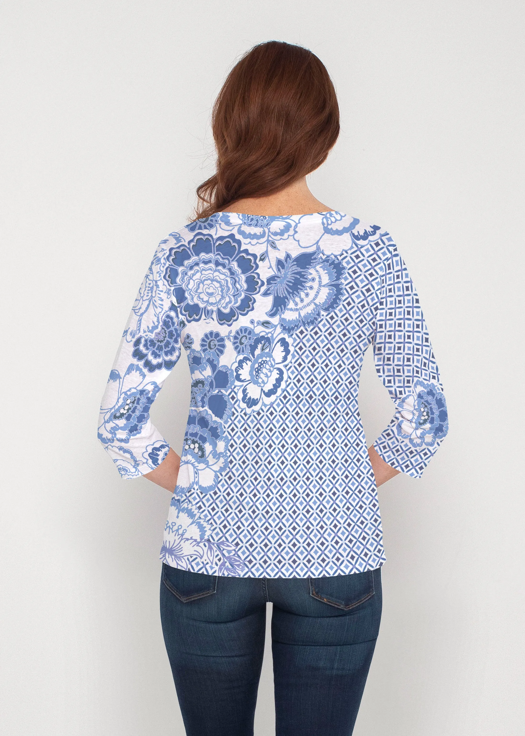 Floral Crossing Geo (7973) ~ Signature 3/4 Sleeve V-Neck Top