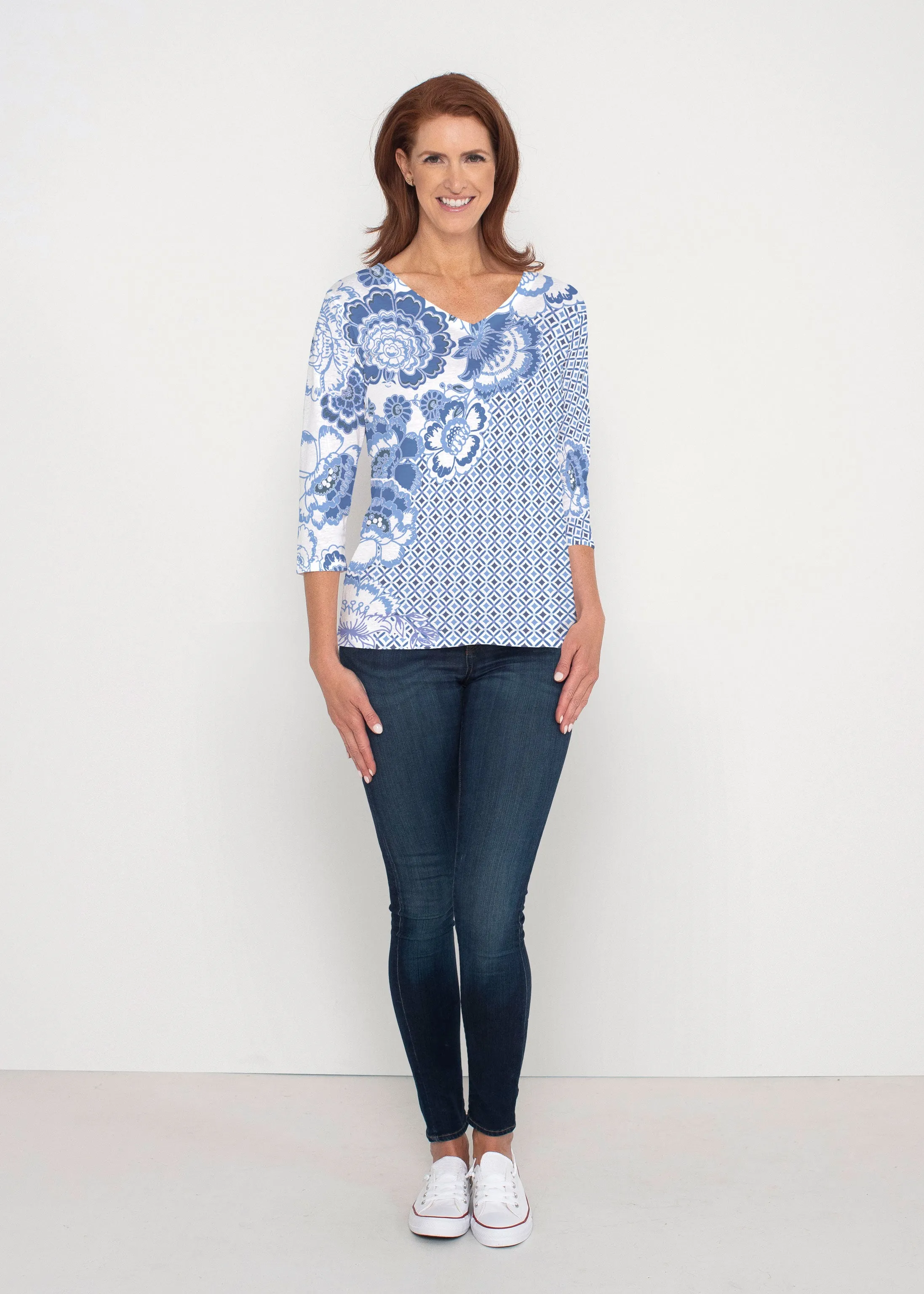 Floral Crossing Geo (7973) ~ Signature 3/4 Sleeve V-Neck Top