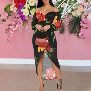 Floral Pattern Off Shoulder Long Sleeve Slit Dress