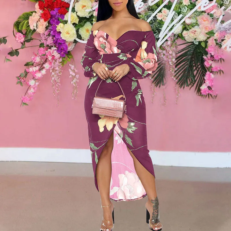 Floral Pattern Off Shoulder Long Sleeve Slit Dress