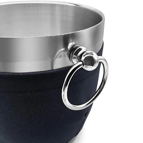 Fortune Candy Insulated Ice Bucket - Double Walled Stainless Steel Ice Bucket with Ice Tongs, Scoop, Lid, and Exclusive Handmade Nylon Holder - 2.8 L, Silver/Navy Blue 2