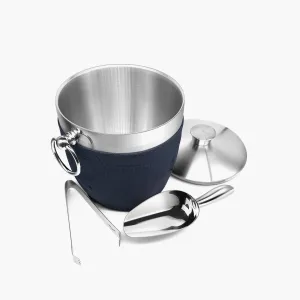 Fortune Candy Insulated Ice Bucket - Double Walled Stainless Steel Ice Bucket with Ice Tongs, Scoop, Lid, and Exclusive Handmade Nylon Holder - 2.8 L, Silver/Navy Blue 2