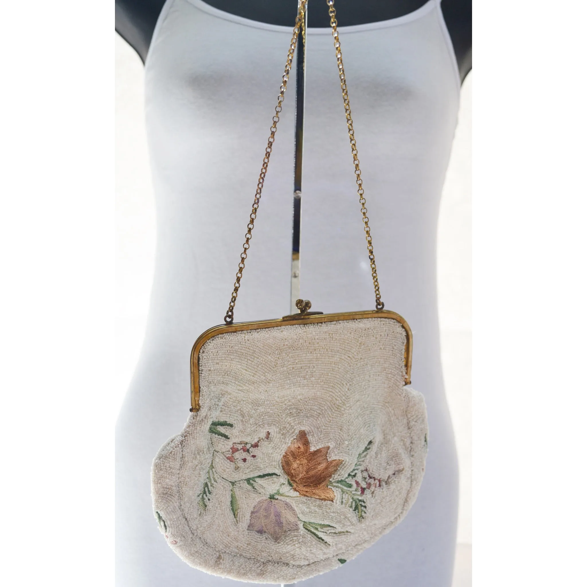 French White Beaded & Embroidered Purse