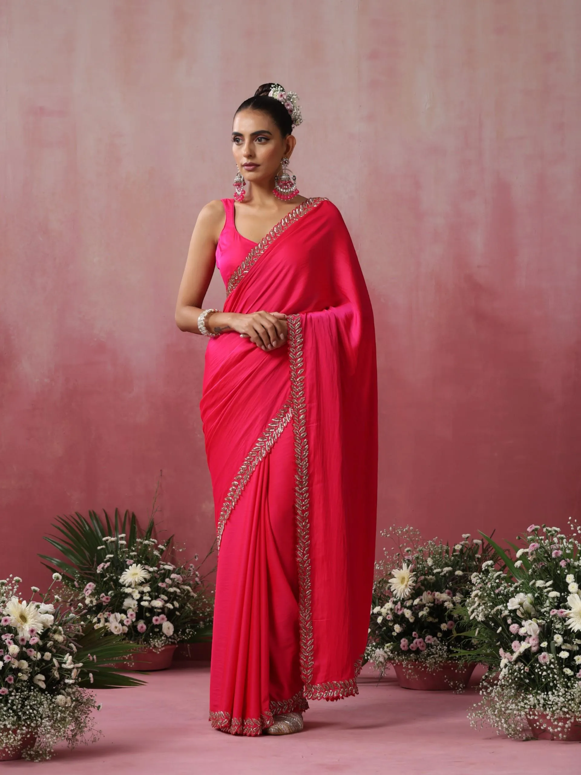 Fuchsia Leaf Hand Embroidery Cut Dana All over Embroidery Satin Saree with Plain Blouse Fabric