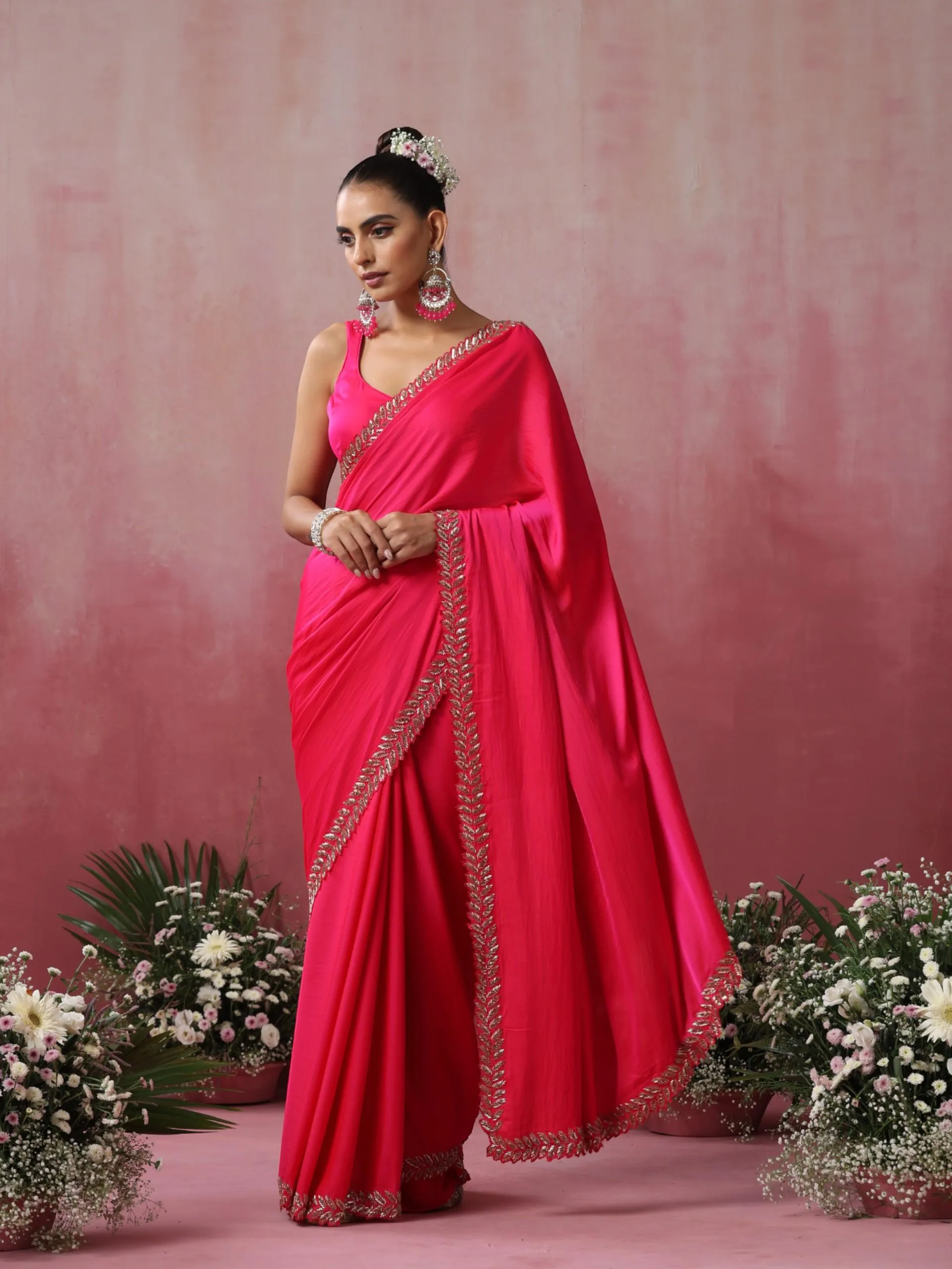 Fuchsia Leaf Hand Embroidery Cut Dana All over Embroidery Satin Saree with Plain Blouse Fabric