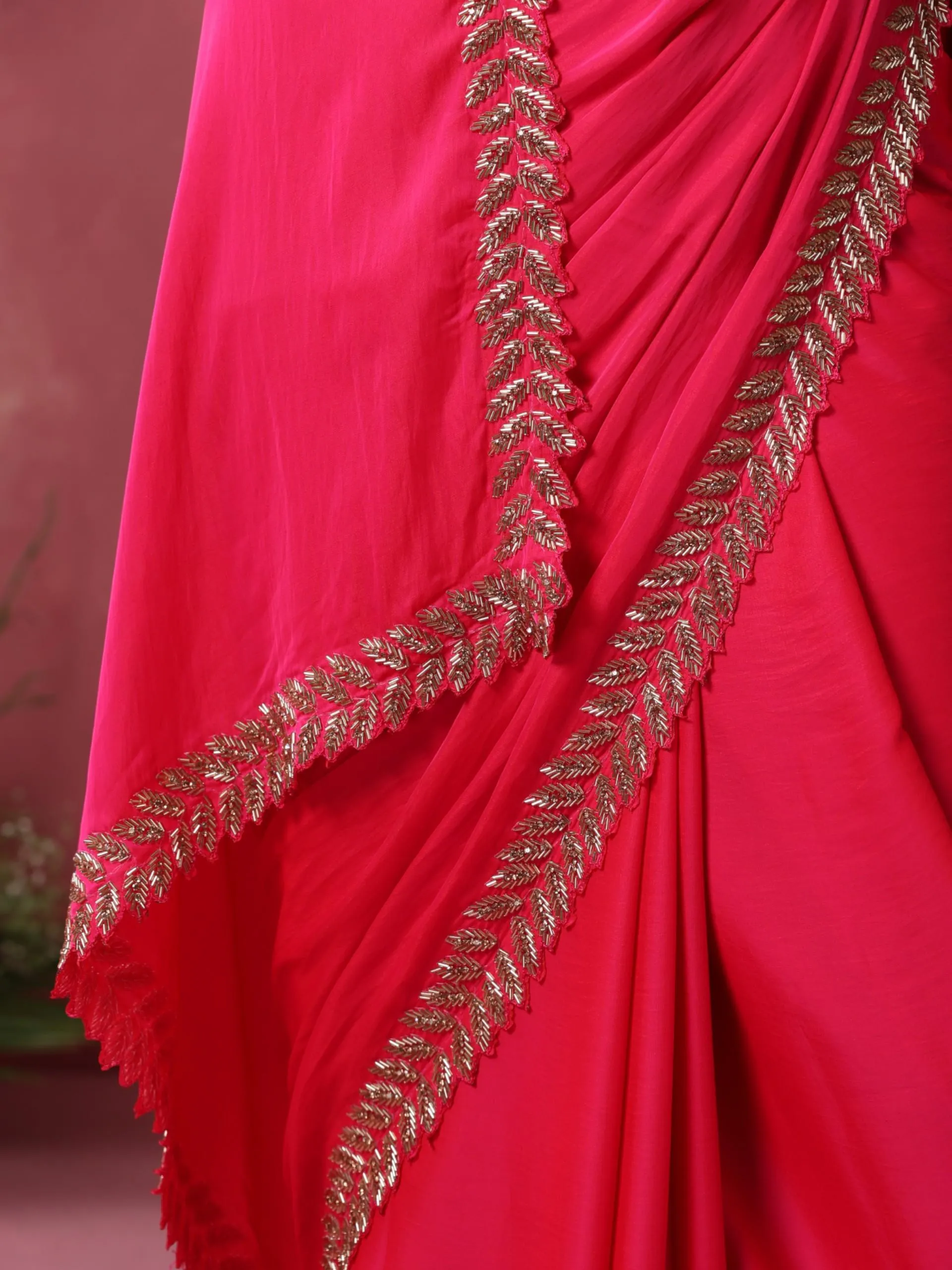Fuchsia Leaf Hand Embroidery Cut Dana All over Embroidery Satin Saree with Plain Blouse Fabric