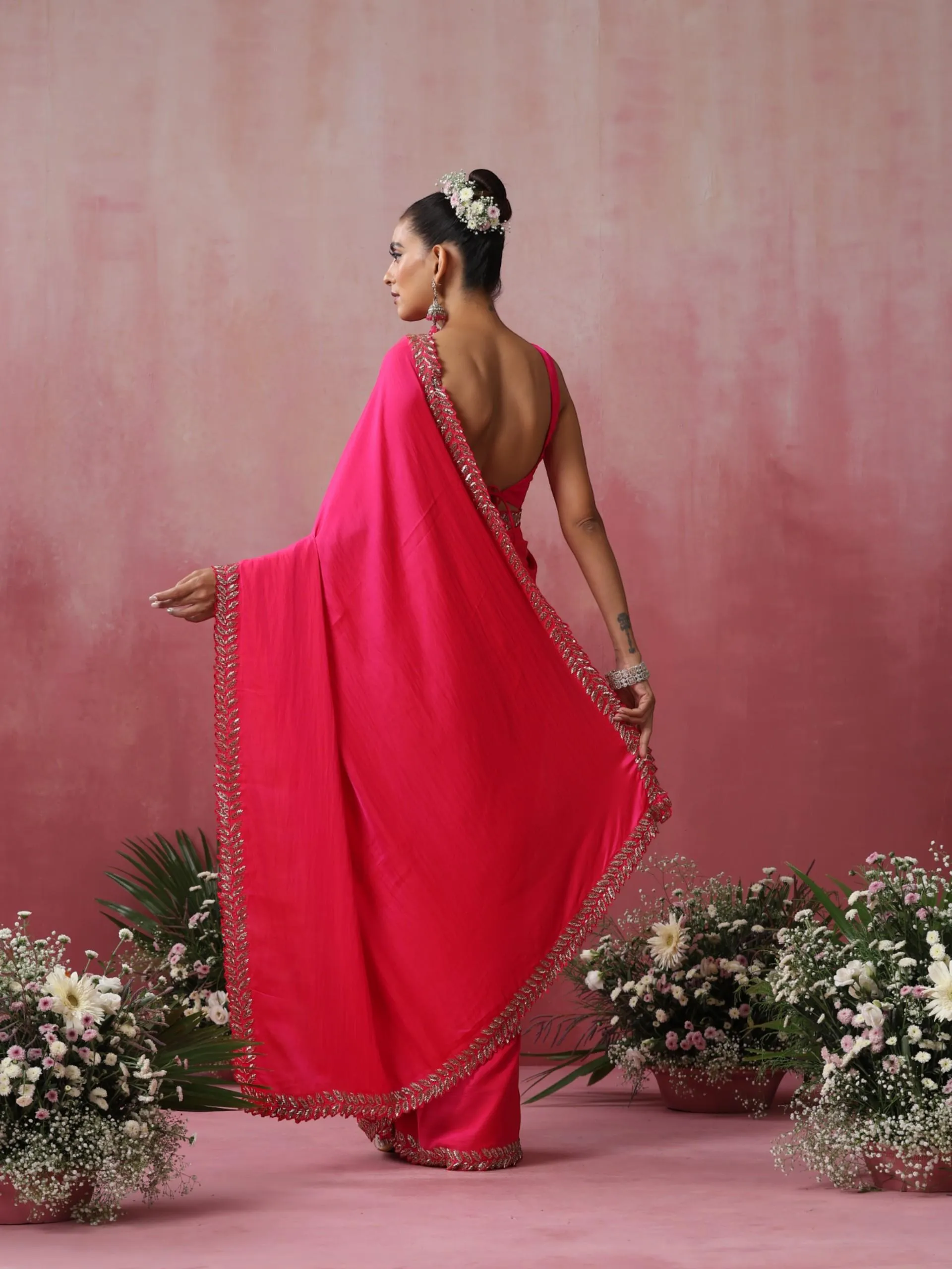 Fuchsia Leaf Hand Embroidery Cut Dana All over Embroidery Satin Saree with Plain Blouse Fabric