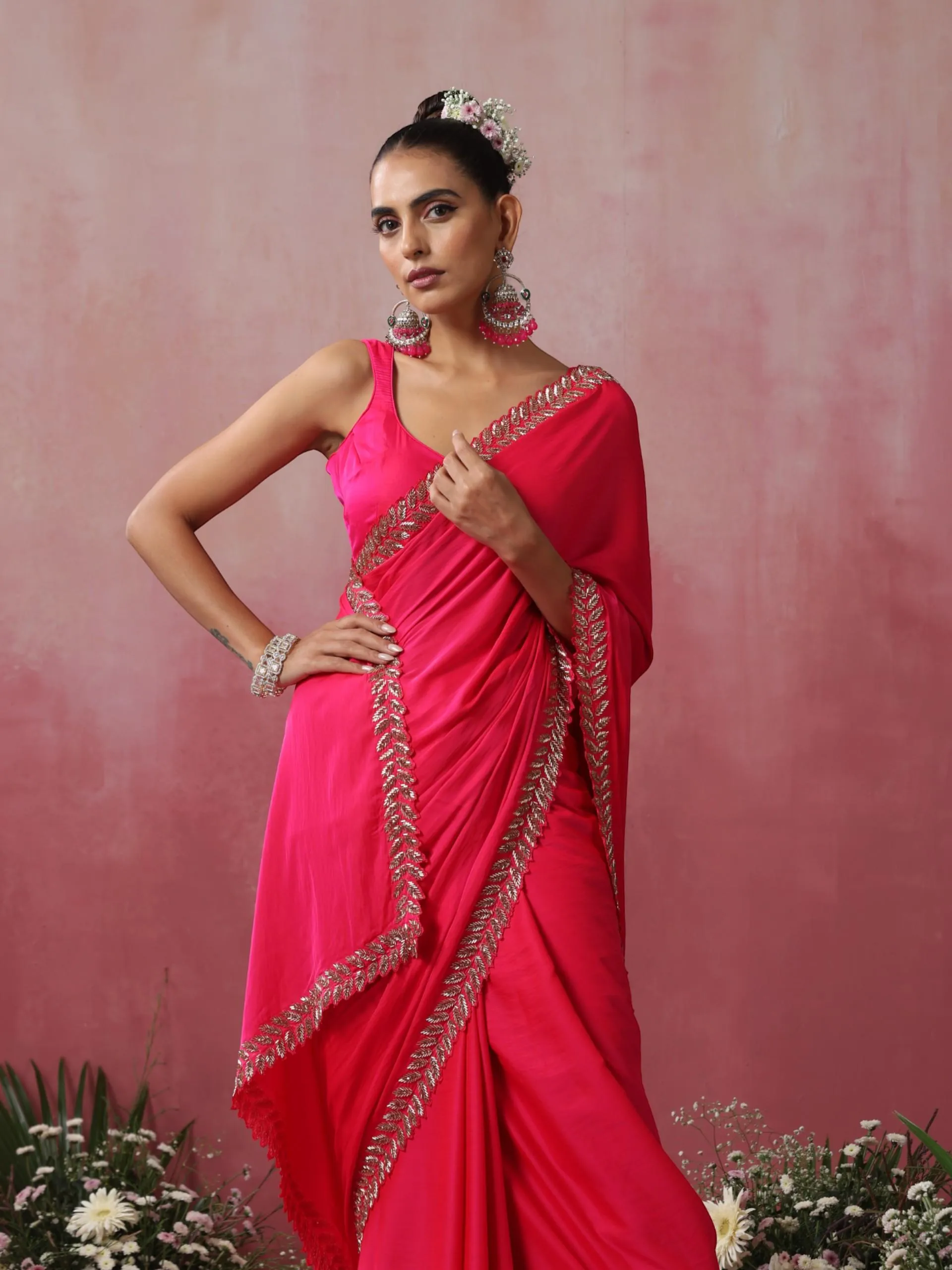 Fuchsia Leaf Hand Embroidery Cut Dana All over Embroidery Satin Saree with Plain Blouse Fabric