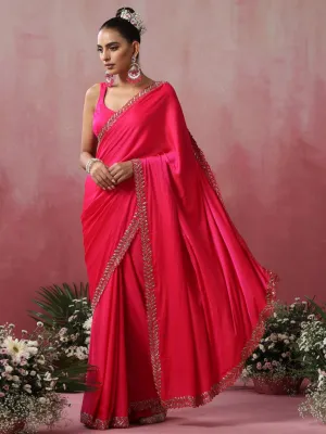 Fuchsia Leaf Hand Embroidery Cut Dana All over Embroidery Satin Saree with Plain Blouse Fabric