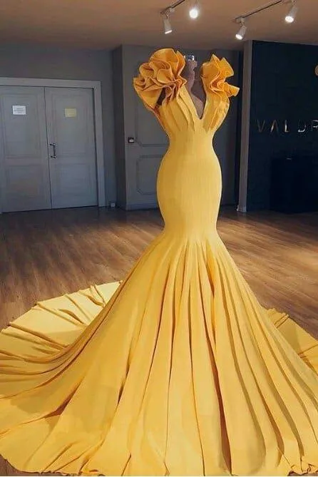 Ginger Yellow Fit and Flare Prom Dresses Ruffles Court Train Wholesale Evening Gowns
