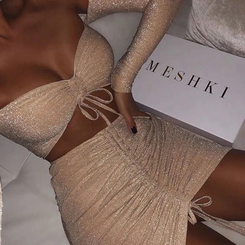 Glitter Off Shoulder Long Sleeve Drawstring Two Piece Skirt Set