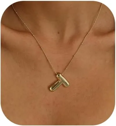 Gold Bubble Letter Necklace for Women, 14k Gold Plated Balloon Initial Letter Pendant Necklace Dainty Charm Initial Necklaces for Women Trendy Chunky Custom Name Necklace Gold Jewelry for Women