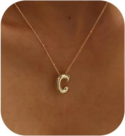 Gold Bubble Letter Necklace for Women, 14k Gold Plated Balloon Initial Letter Pendant Necklace Dainty Charm Initial Necklaces for Women Trendy Chunky Custom Name Necklace Gold Jewelry for Women