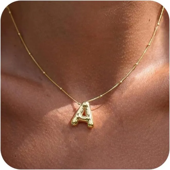 Gold Bubble Letter Necklace for Women, 14k Gold Plated Balloon Initial Letter Pendant Necklace Dainty Charm Initial Necklaces for Women Trendy Chunky Custom Name Necklace Gold Jewelry for Women