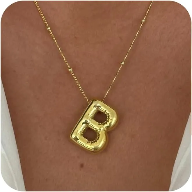 Gold Bubble Letter Necklace for Women, 14k Gold Plated Balloon Initial Letter Pendant Necklace Dainty Charm Initial Necklaces for Women Trendy Chunky Custom Name Necklace Gold Jewelry for Women