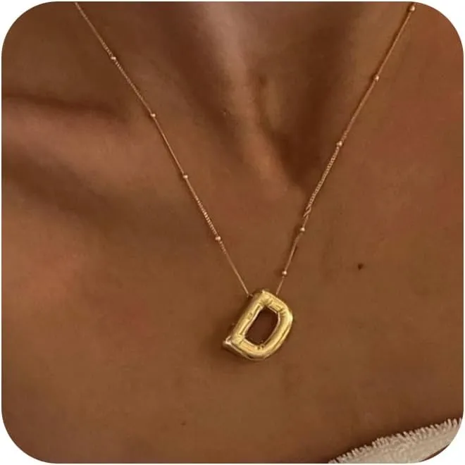 Gold Bubble Letter Necklace for Women, 14k Gold Plated Balloon Initial Letter Pendant Necklace Dainty Charm Initial Necklaces for Women Trendy Chunky Custom Name Necklace Gold Jewelry for Women