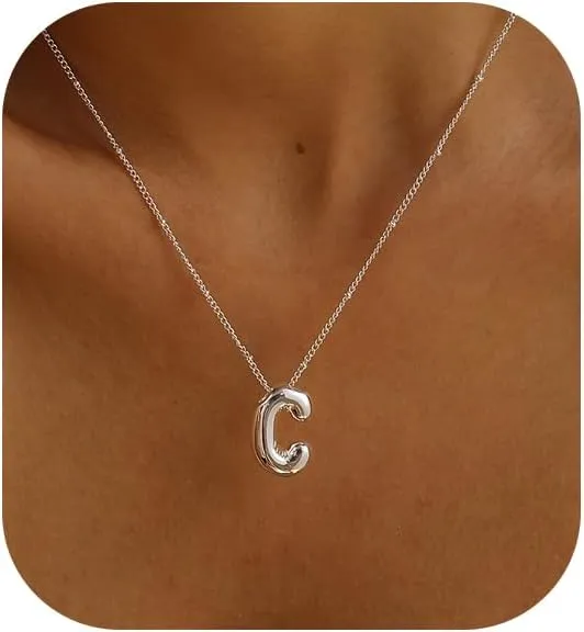 Gold Bubble Letter Necklace for Women, 14k Gold Plated Balloon Initial Letter Pendant Necklace Dainty Charm Initial Necklaces for Women Trendy Chunky Custom Name Necklace Gold Jewelry for Women