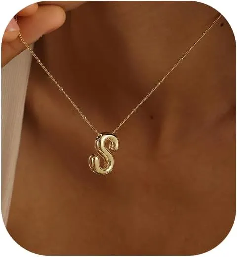 Gold Bubble Letter Necklace for Women, 14k Gold Plated Balloon Initial Letter Pendant Necklace Dainty Charm Initial Necklaces for Women Trendy Chunky Custom Name Necklace Gold Jewelry for Women